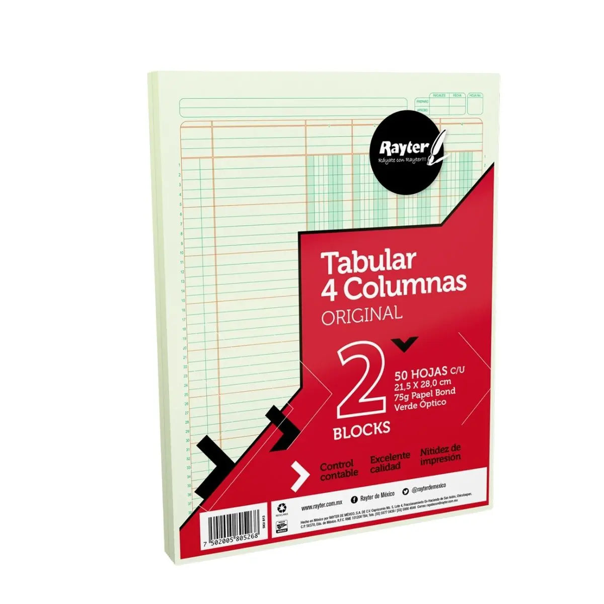 Blister 2 Tabular 4 Columnas 50 Hojas c/u Carta Verde Optico RAYTER - Rayter