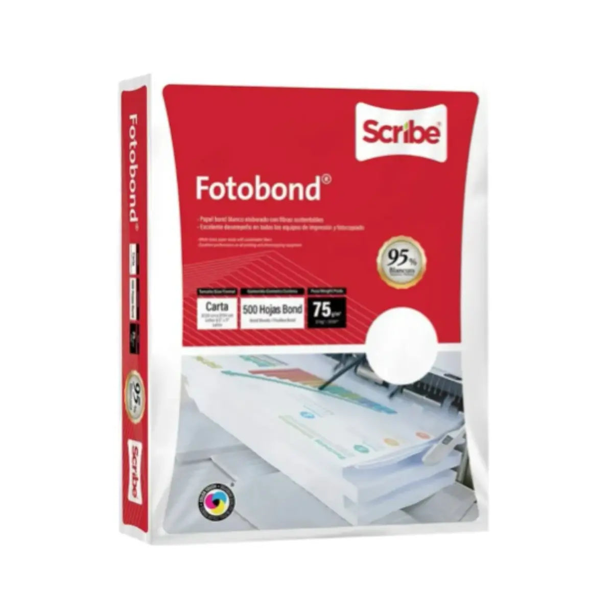 Caja con 5000 Hojas Papel Fotobond 500 Hojas Scribe Blanco OFICIO 75gr 95% Blancura - Scribe - vista trasera