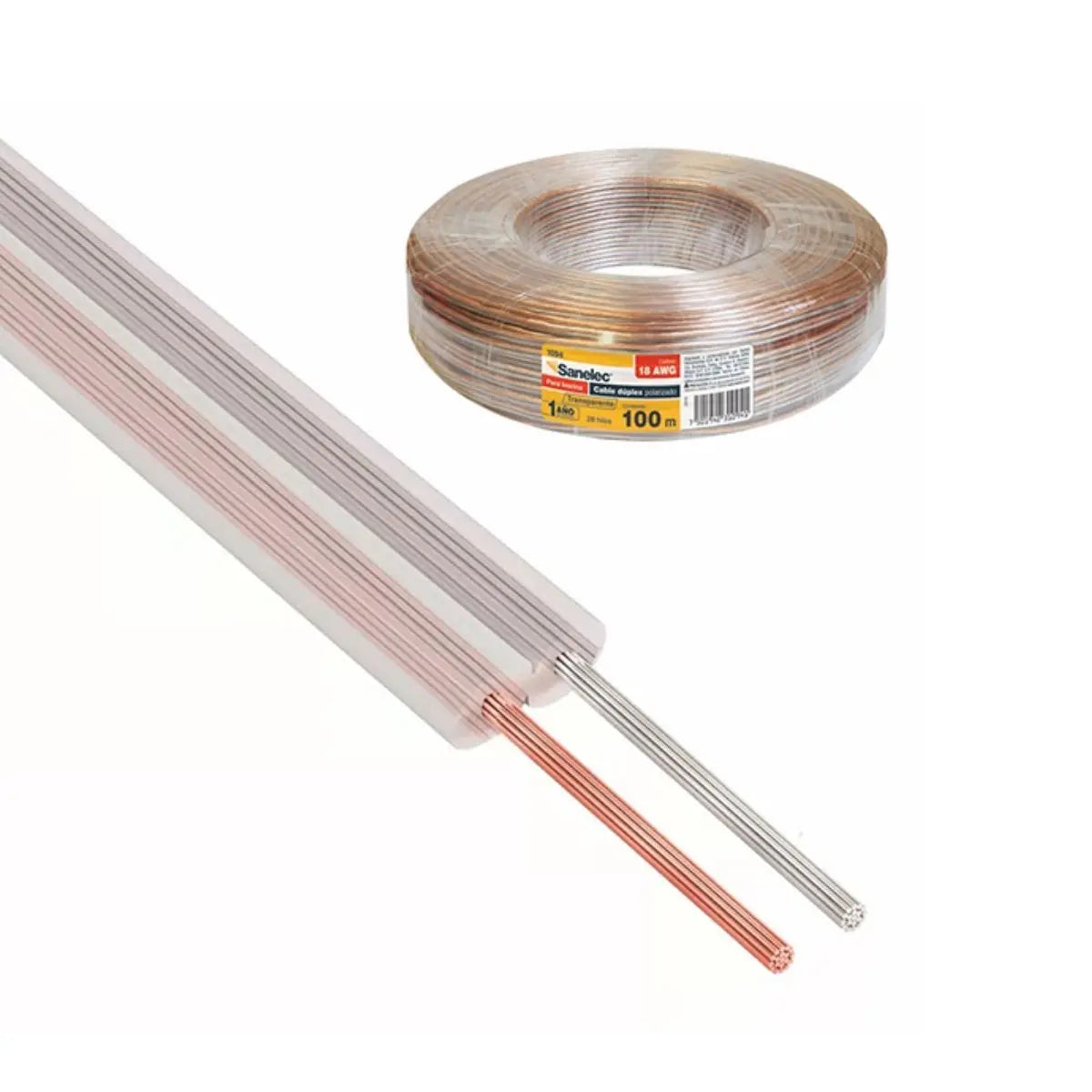 Cable Dúplex de 100 m p/ Bocina 18AWG Sanelec Transparente Polarizado - Sanelec