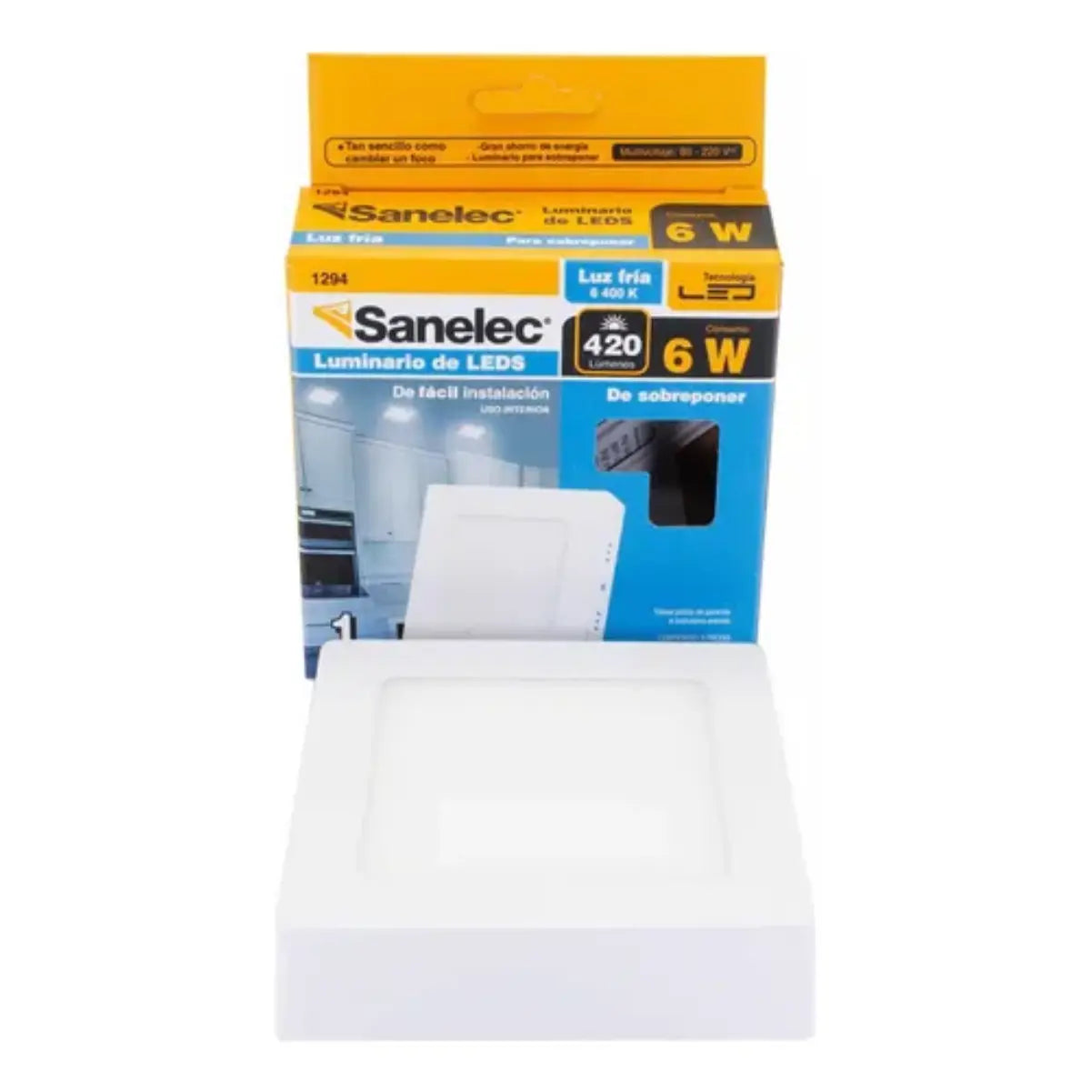 Lámpara cuadrada s/poner 6W luz fría Santul - Sanelec - empaque