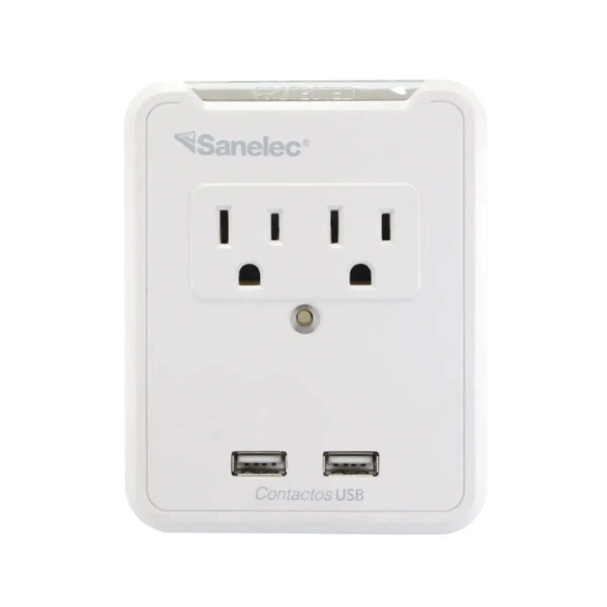 Sanelec 1332 Multicontacto de Pared con Supresor de Picos 110 Joules, 2 Contactos Aterrizados, 2 Entradas USB y Compartimiento Iluminado para Colocar el Celular - Sanelec