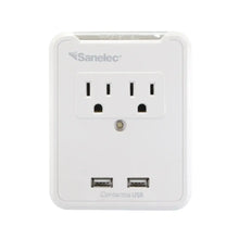 Sanelec 1332 Multicontacto de Pared con Supresor de Picos 110 Joules, 2 Contactos Aterrizados, 2 Entradas USB y Compartimiento Iluminado para Colocar el Celular - Sanelec