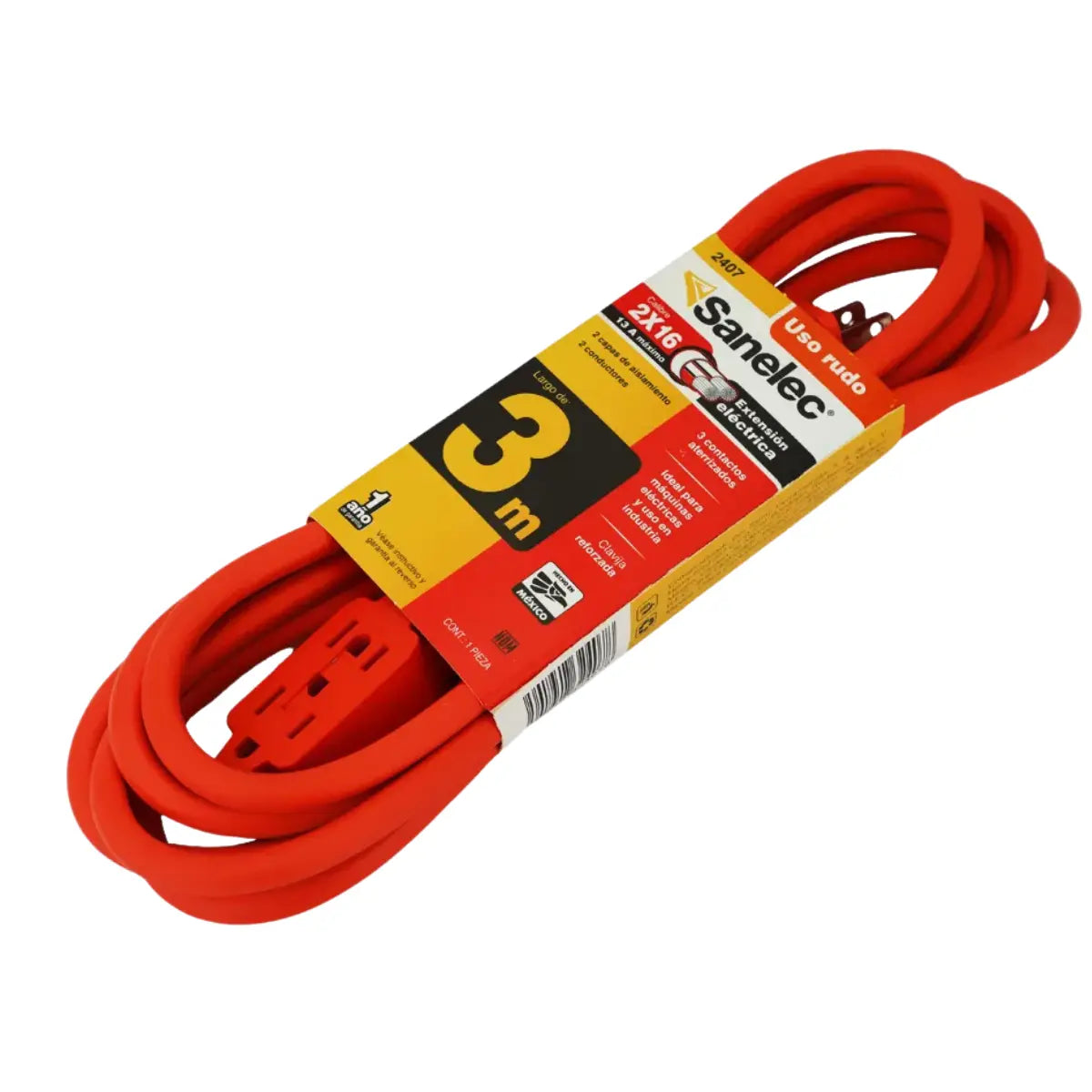 SANELEC, Extensión Eléctrica, Uso Rudo, Corriente 10 A, Calibre 16 AWG, 3 metros, Color Naranja, Modelo 2407 - Sanelec
