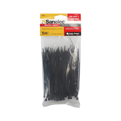 Cinchos plásticos 2.5 x 100 mm color negro 100 pz Empaque Sanelec - Sanelec - vista lateral