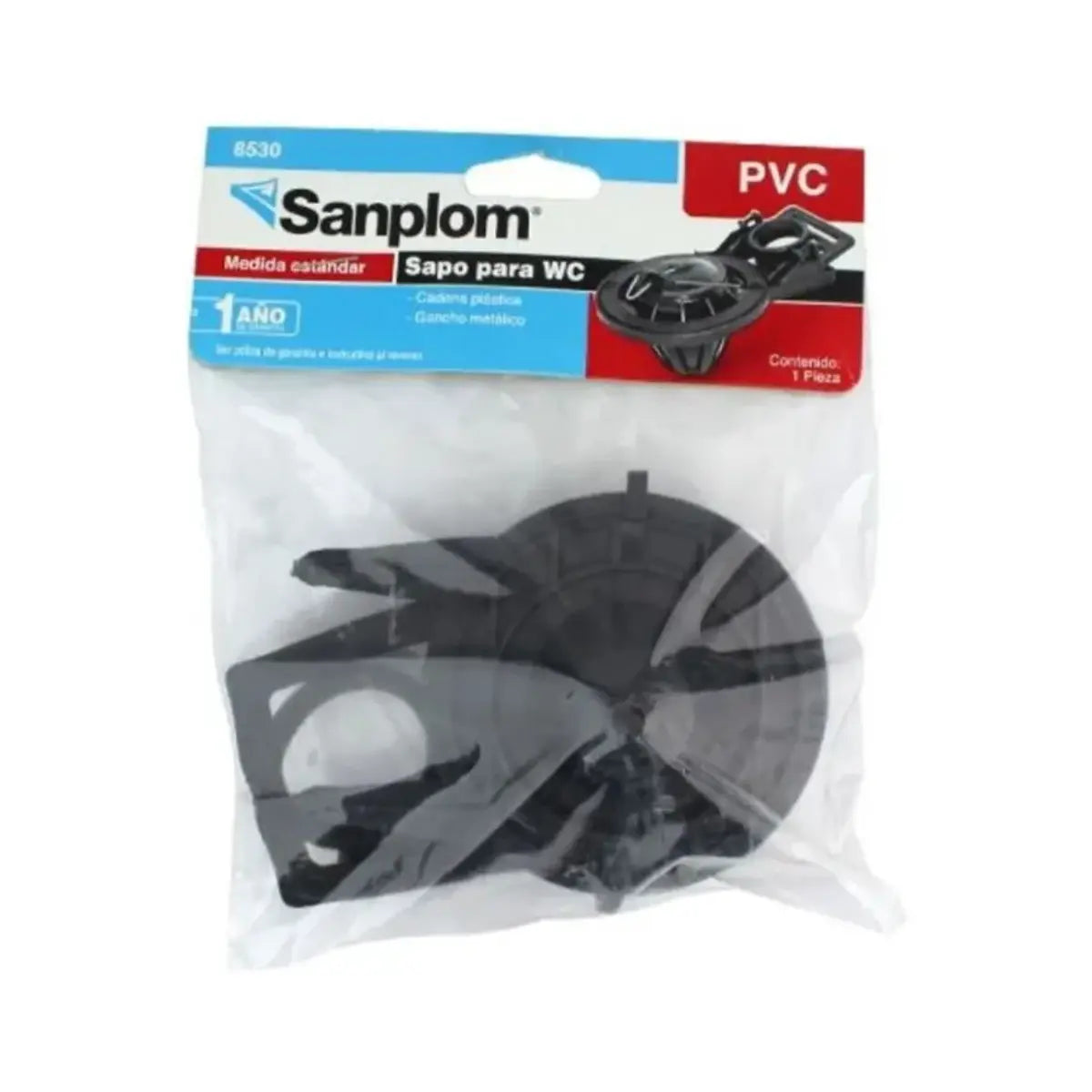 Sapo PVC para WC 8530 Sanplom C/cadena plástica C/gancho metalico - Sanplom - vista lateral