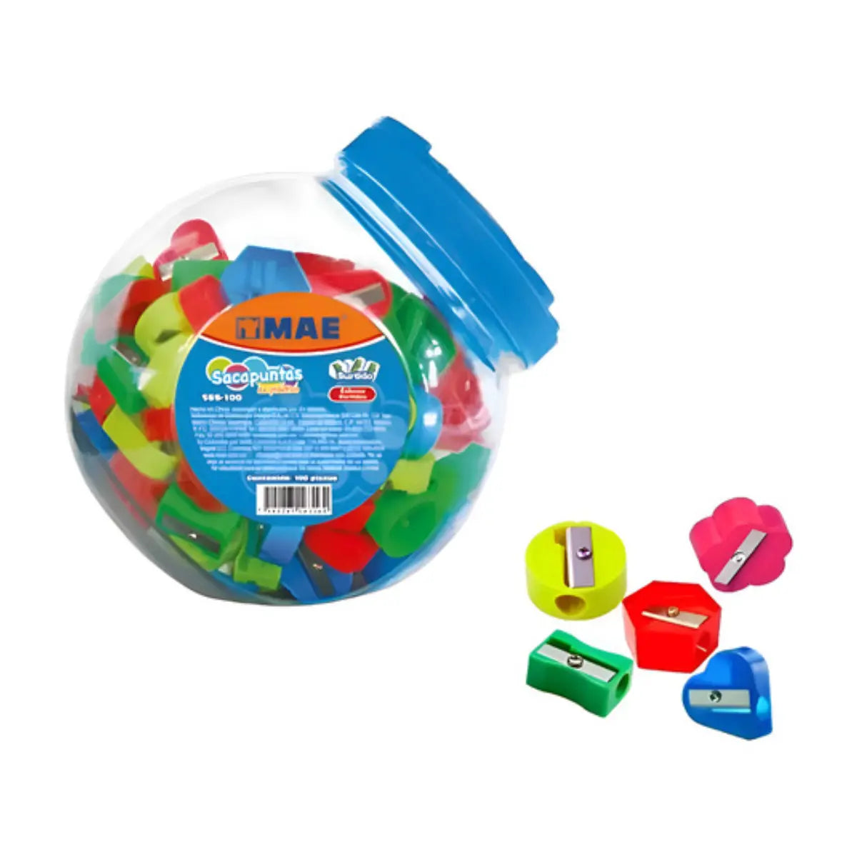 Bote 100 pzas Sacapuntas Plastico Colores Surtidos MAE - Mae