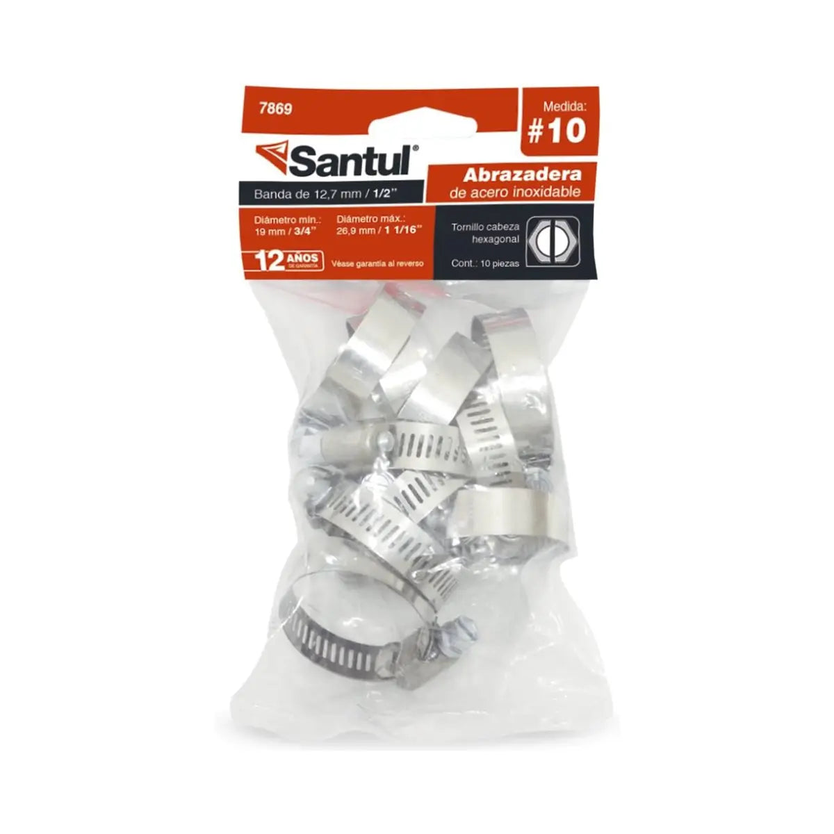 Bolsa con 10 Abrazaderas del #10 de 3/4 a 1 1/16 ancho 1/2 Santul - Santul - empaque
