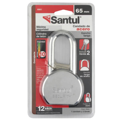 Candado Acero 65mm Máx Seguridad y Llave Tradicional Gancho Largo Santul 8061 - Santul - empaque