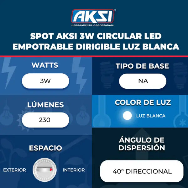 Luminario Redondo 3W, Luz Blanca, empotrable dirigible AKSI - Aksi - vista lateral