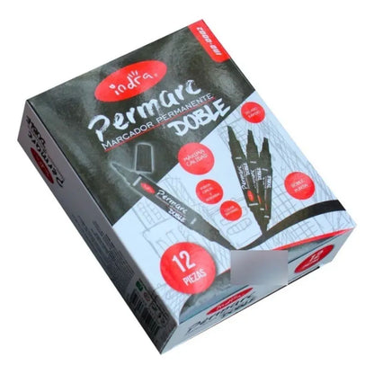 12pz Marcador Permanente Negro Indra Doble Punta IND-0002N