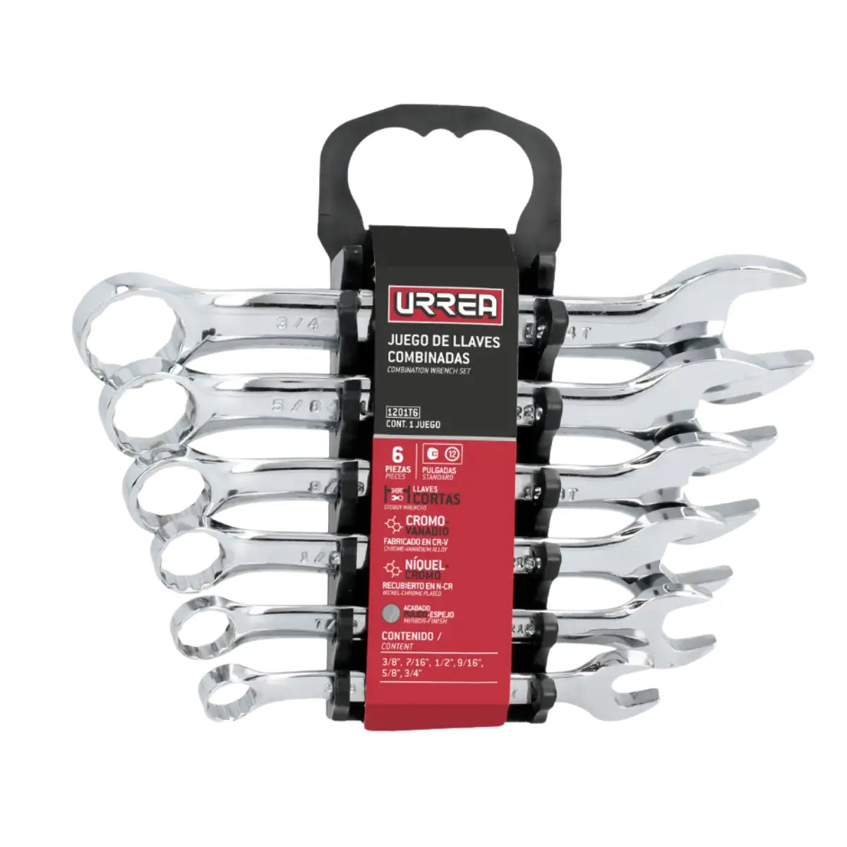 Juego de llaves combinadas cortas pulido espejo en pulgadas, 12 puntas, 6 pz en rack - Lock