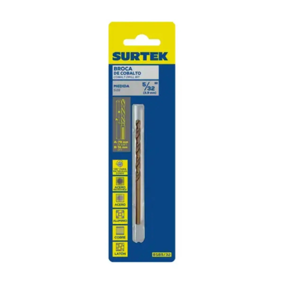 Broca con Cobalto de Acero de Alta Velocidad 5/32″ Zanco Recto en Blíster Surtek - Lock - vista lateral