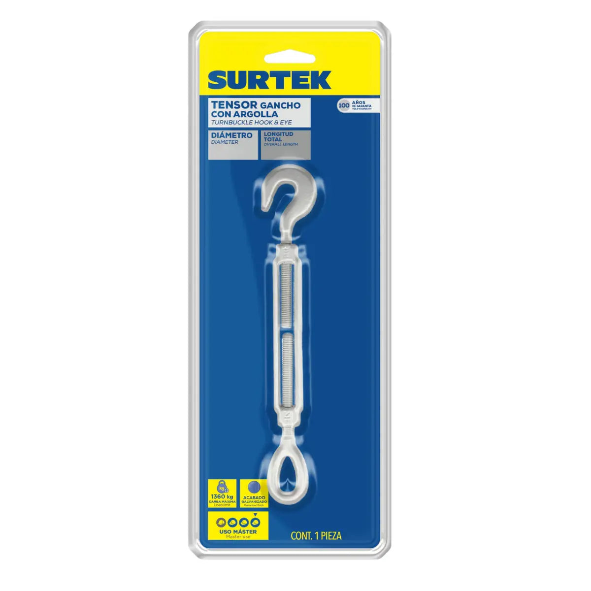 Tensor Acero Forjado Gancho-Argolla 1/2 x6" Surtek - Lock - vista lateral