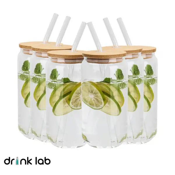 6 Vasos Vidrio Tipo Lata Tapa Bambu Popote 500ml Drink Lab - Coveme - vista lateral