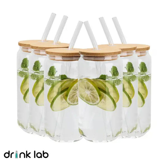 6 Vasos Vidrio Tipo Lata Tapa Bambu Popote 500ml Drink Lab - Coveme - vista lateral