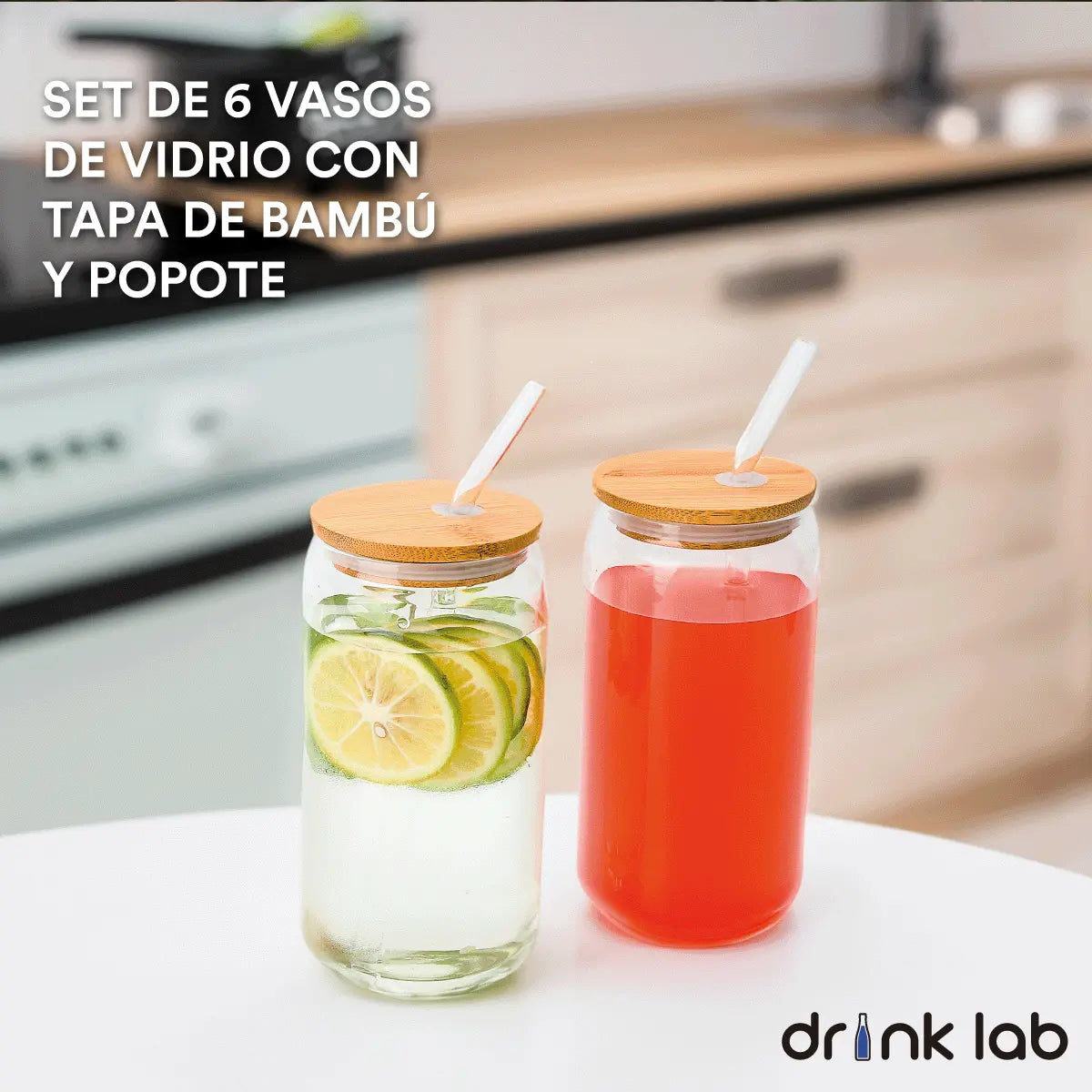 6 Vasos Vidrio Tipo Lata Tapa Bambu Popote 500ml Drink Lab - Coveme - detalle
