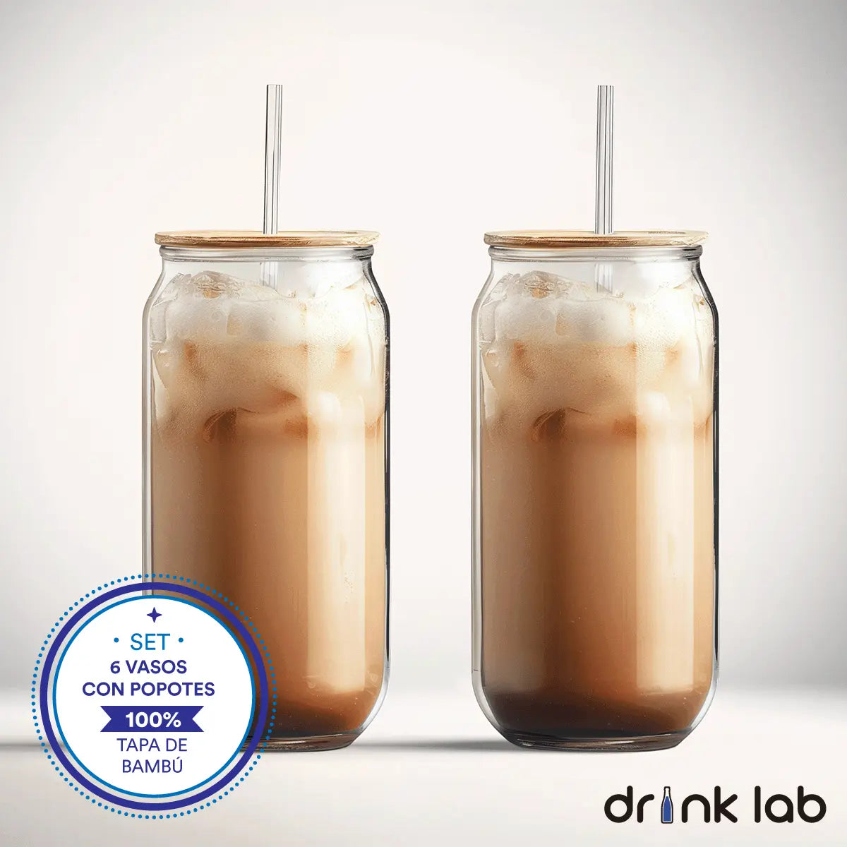 6 Vasos Vidrio Tipo Lata Tapa Bambu Popote 500ml Drink Lab - Coveme - empaque