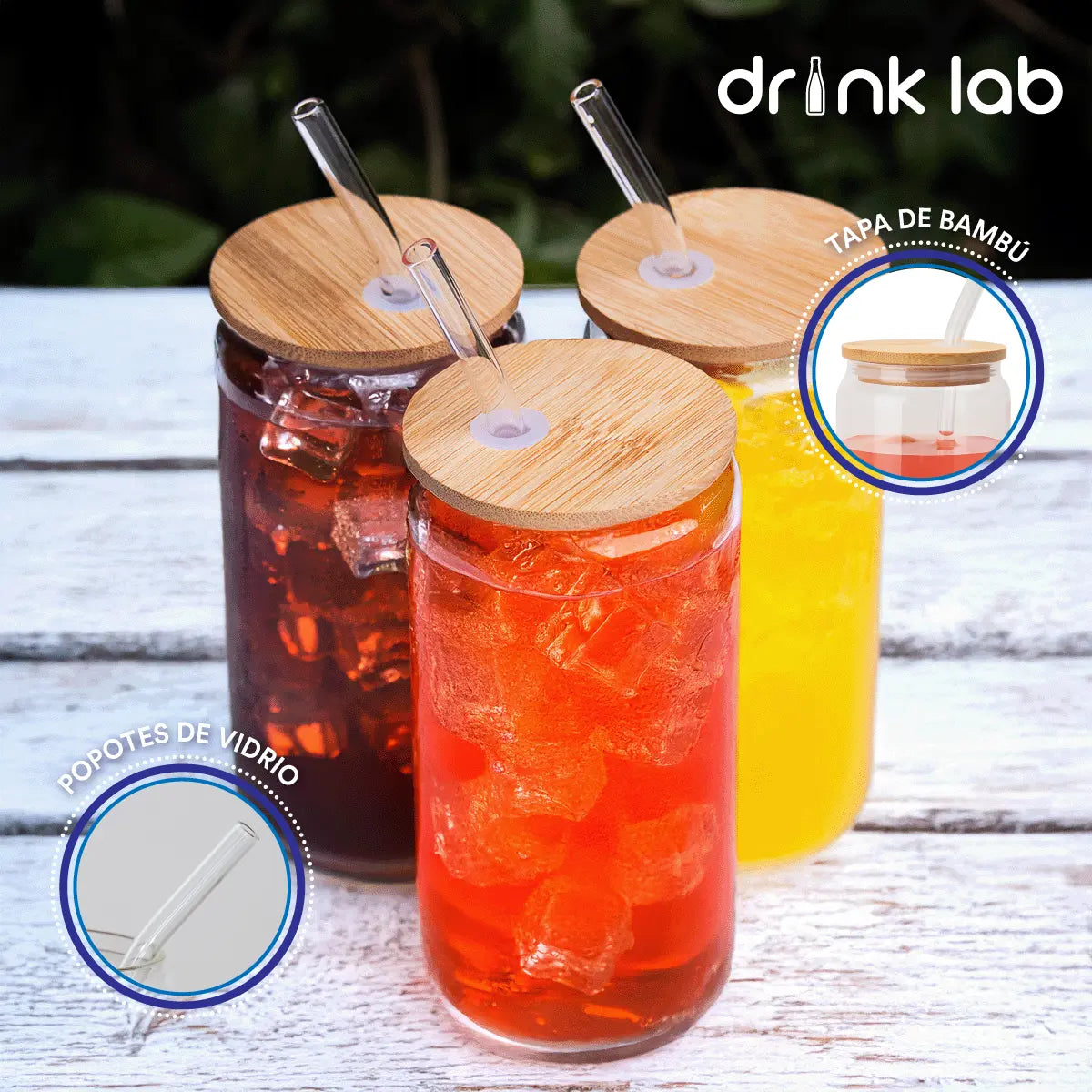 6 Vasos Vidrio Tipo Lata Tapa Bambu Popote 500ml Drink Lab - Coveme - vista trasera