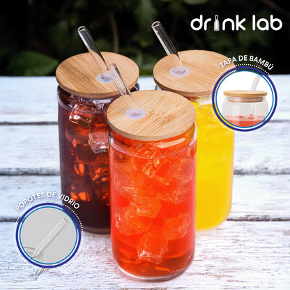 6 Vasos Vidrio Tipo Lata Tapa Bambu Popote 500ml Drink Lab - Coveme - vista trasera
