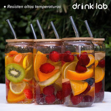 6 Vasos Vidrio Tipo Lata Tapa Bambu Popote 500ml Drink Lab - Coveme