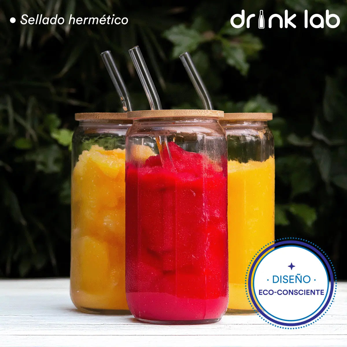 6 Vasos Vidrio Tipo Lata Tapa Bambu Popote 500ml Drink Lab - Coveme - contenido