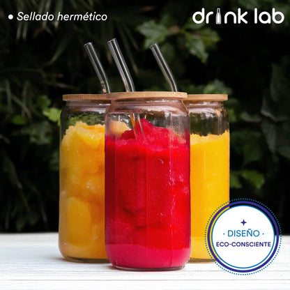 6 Vasos Vidrio Tipo Lata Tapa Bambu Popote 500ml Drink Lab - Coveme - contenido