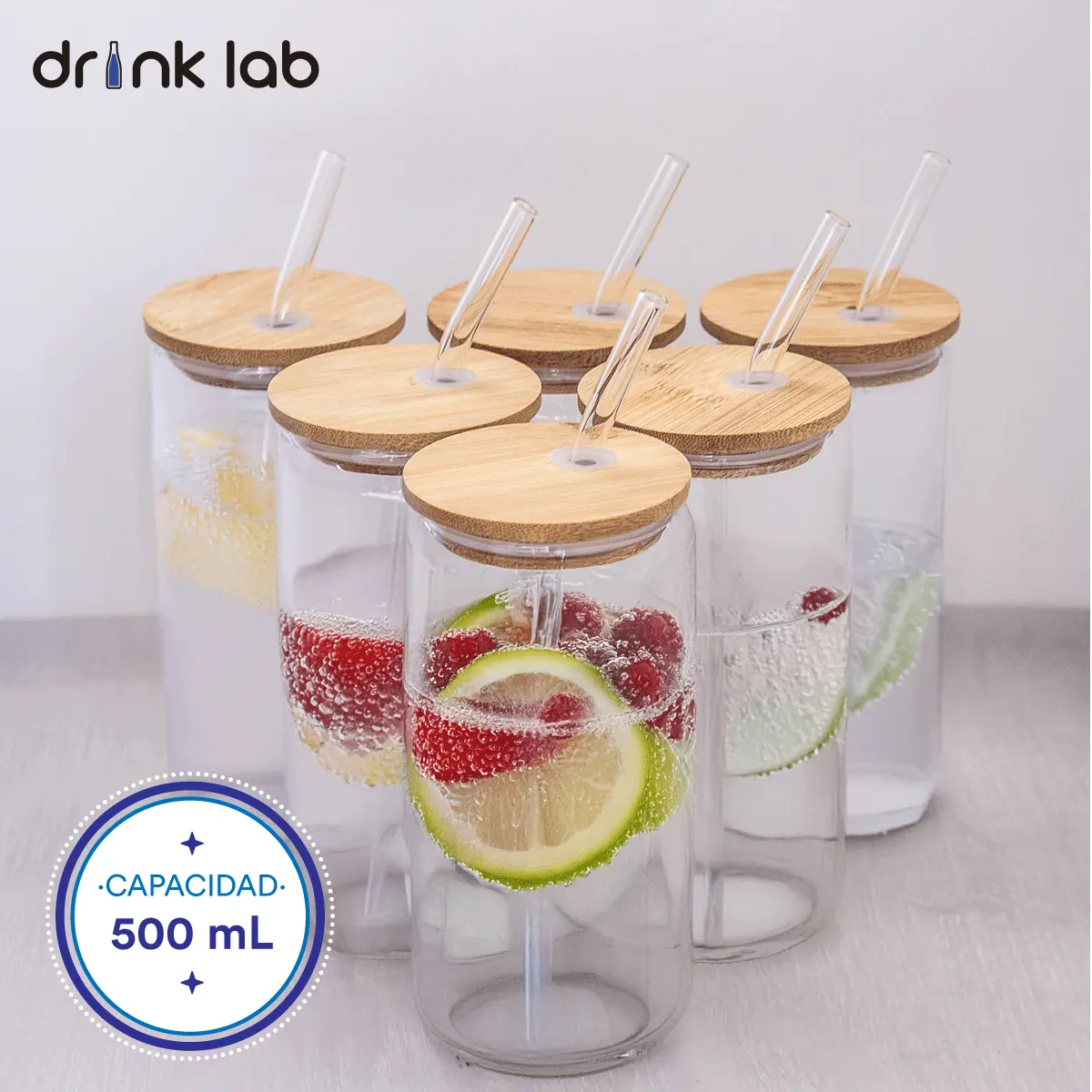 6 Vasos Vidrio Tipo Lata Tapa Bambu Popote 500ml Drink Lab - Coveme - accesorios