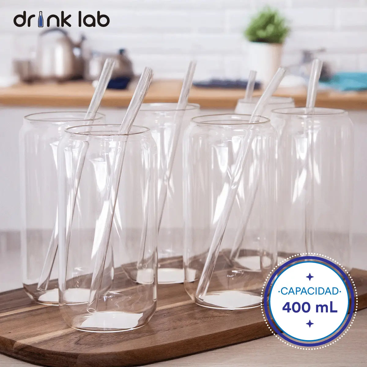 Set 6 Vasos Vidrio Tipo Lata Popote 400ml Hogar Cristal - Coveme