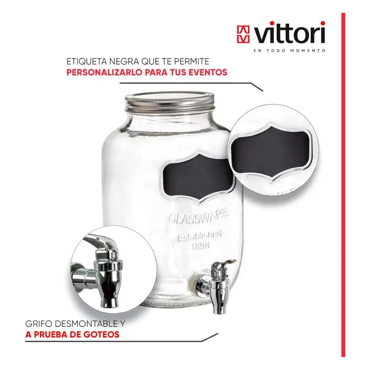 Dispensador Vitrolero Vidrio con llave para 4 litros Bebidas, aguas refrescos - Vittori - detalle