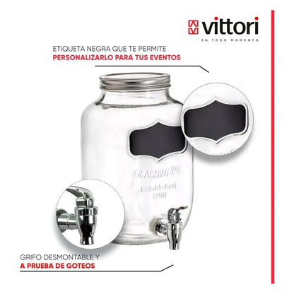 Dispensador Vitrolero Vidrio con llave para 4 litros Bebidas, aguas refrescos - Vittori - detalle