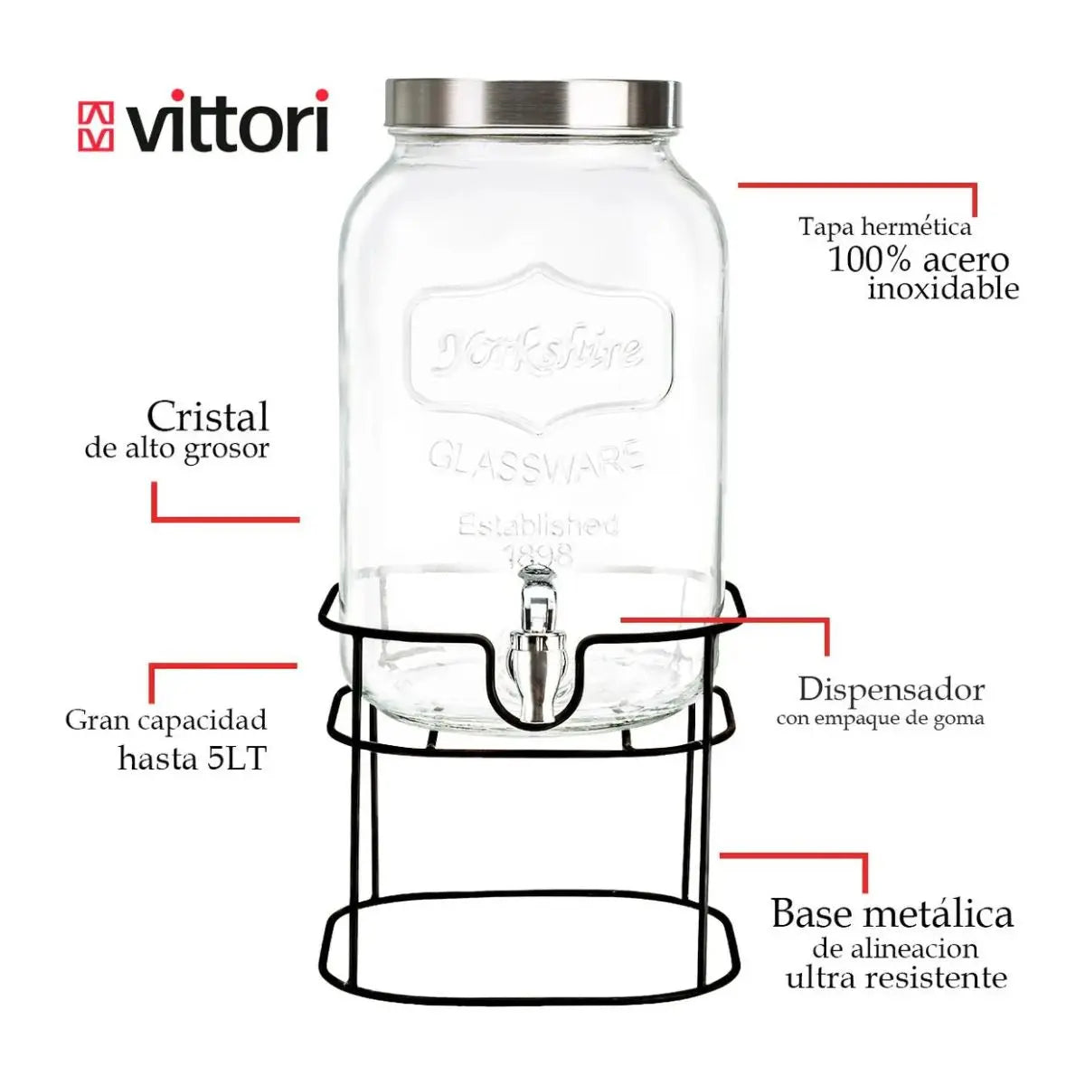 Dispensador Bebidas Con Base 5 Lt Vitrolero Vidrio Vintage - Vittori