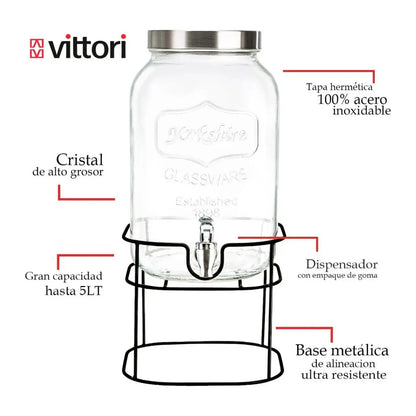 Dispensador Bebidas Con Base 5 Lt Vitrolero Vidrio Vintage - Vittori