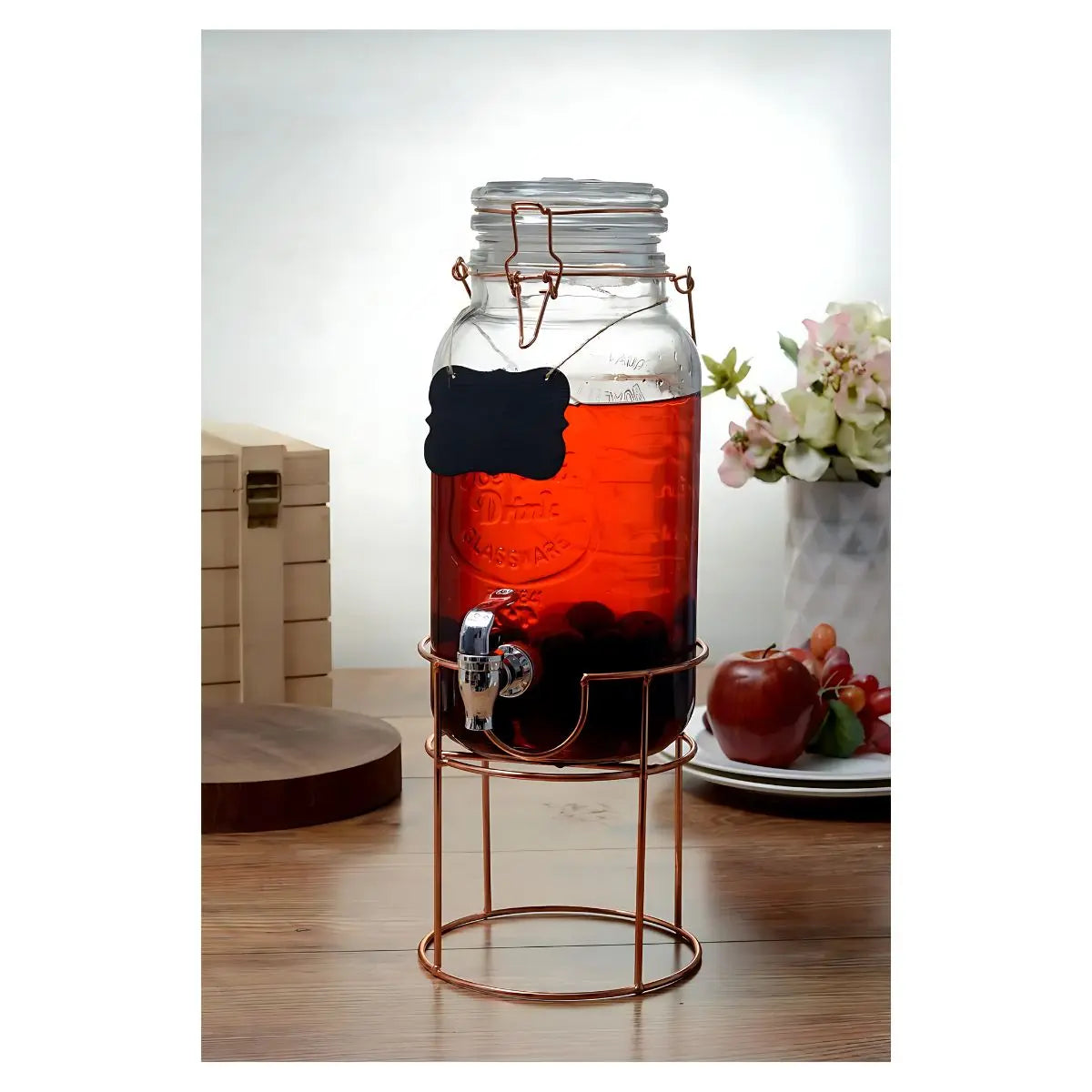 Dispensador de Vidrio 3.5 L c/Tapa Clip y base Metalica Bronce - Vittori - vista lateral