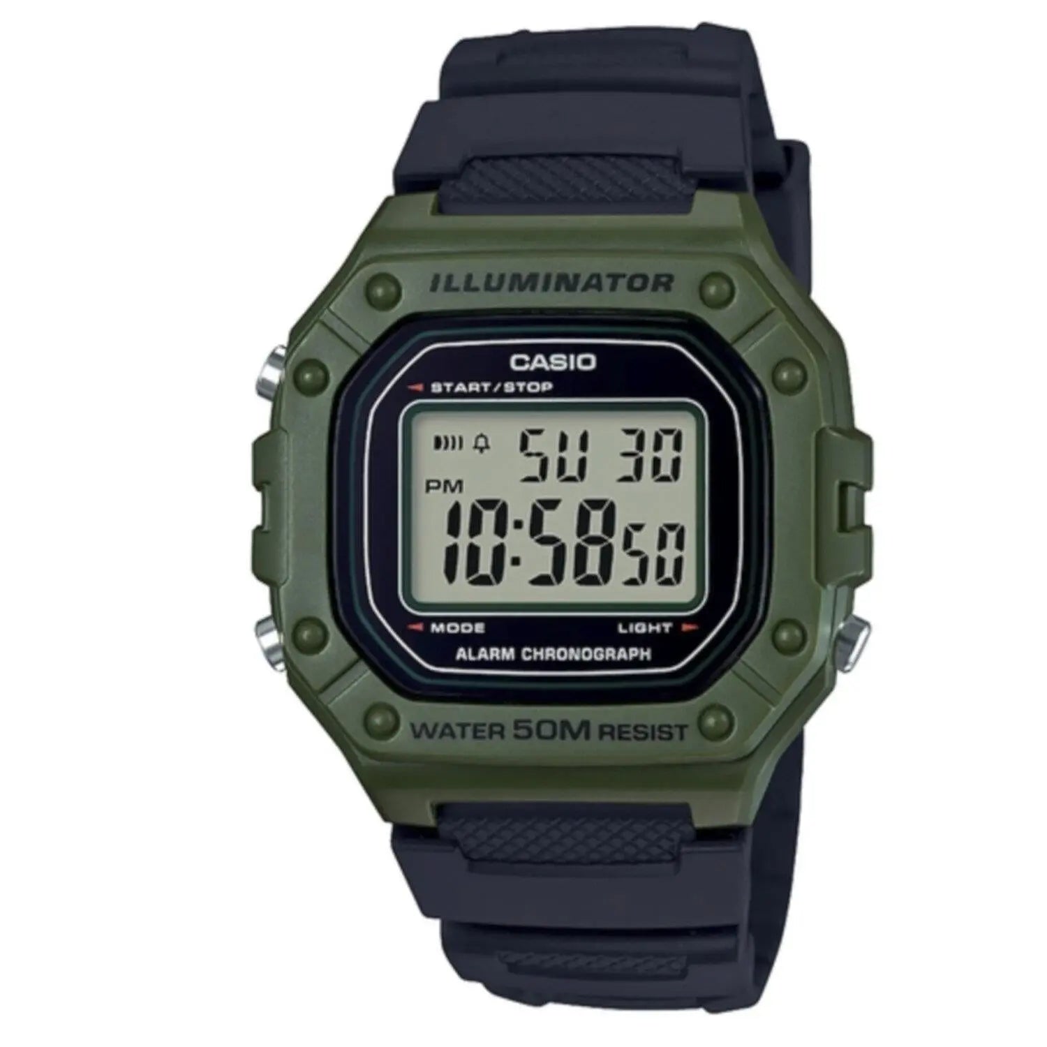 Reloj pulsera Casio Youth W-218H Cuerpo color verde, digital, fondo gris, correa resina negro, minutero/segundero negro, luz ámbar - Casio - vista lateral