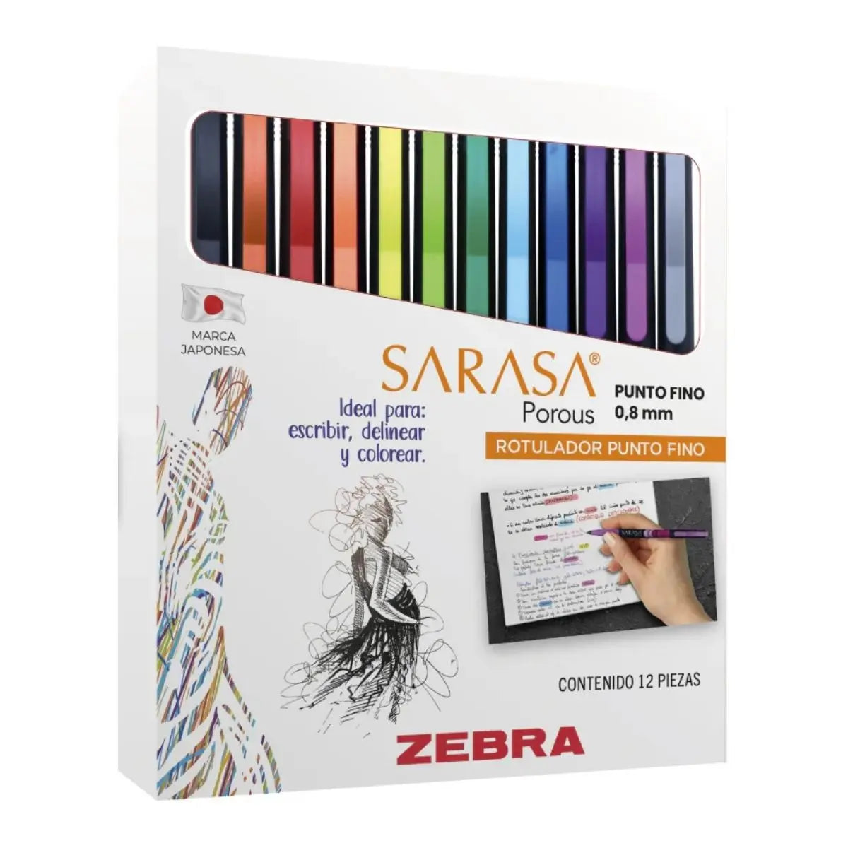 12 Marcadores Rotulador Sarasa Porous Zebra 0.8 Mm - Zebra - detalle