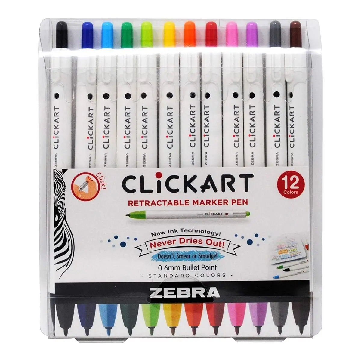 12 Marcadores Clickart Zebra Retractil Punto Fino Base Agua - Zebra - vista lateral