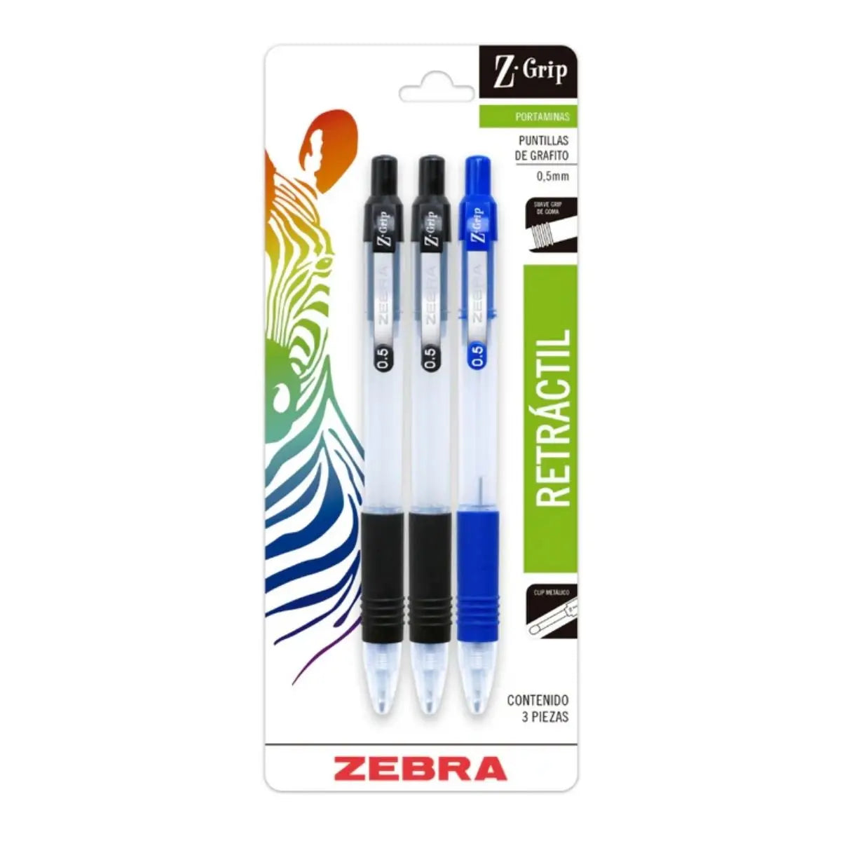 3 Lapiceros Portaminas Z Grip Zebra Retractil 0.5mm - Zebra - detalle