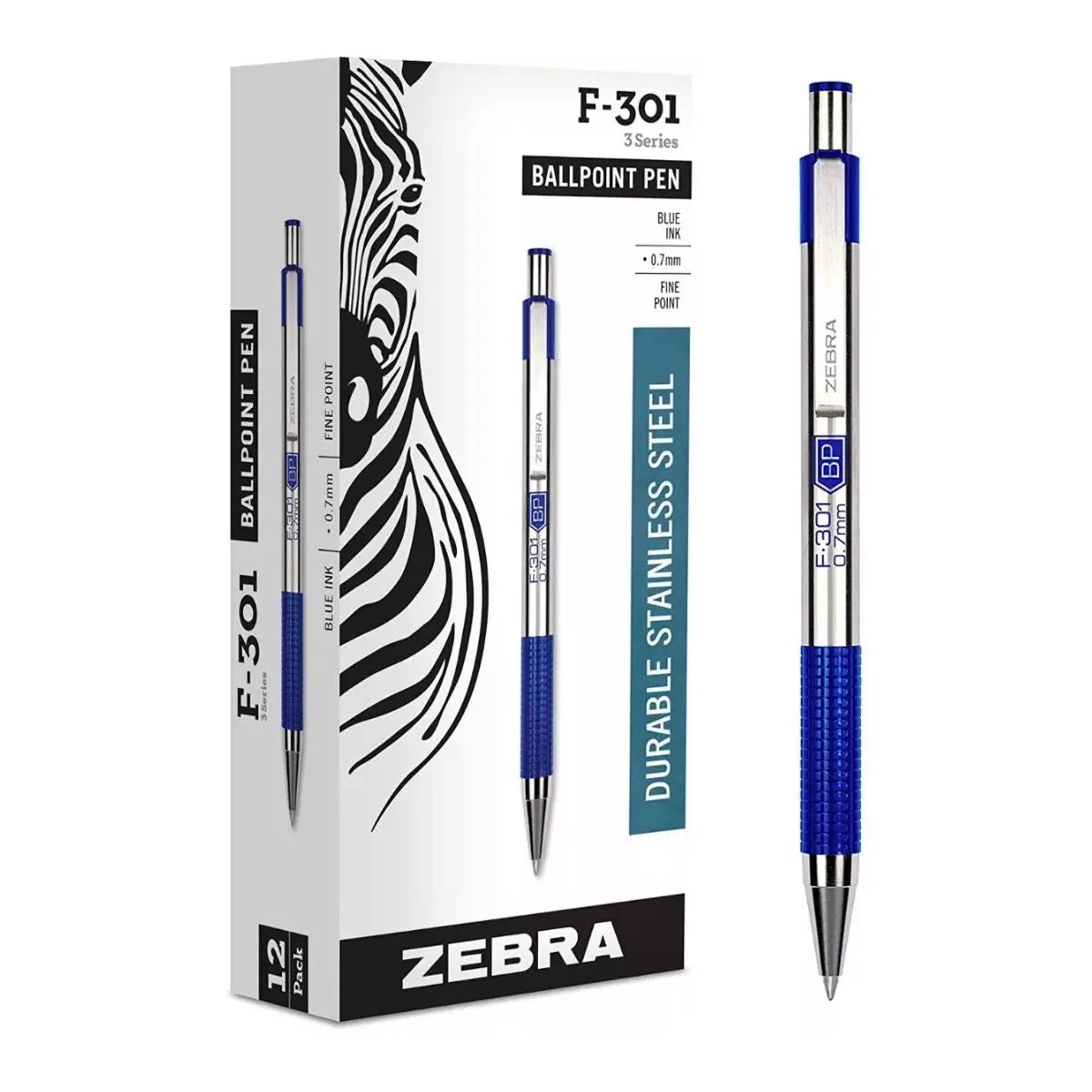 12 Boligrafo Retractil F-301 Zebra Punto Fino 0.7 Mm Azul - Zebra - detalle