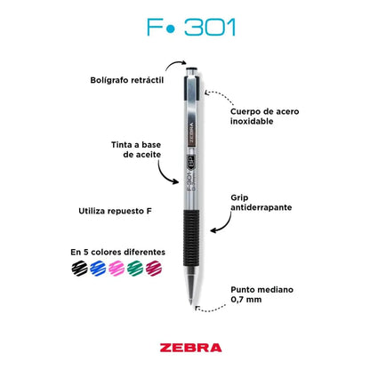 12 Boligrafo Retractil F-301 Zebra Punto Fino 0.7 Mm Azul - Zebra - vista lateral