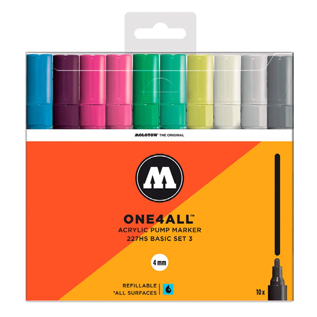 MOLOTOW - SET BÁSICO #3 CON 10 MARCADORES ACRÍLICOS ONE4ALL PUNTA 4MM - Molotow - detalle