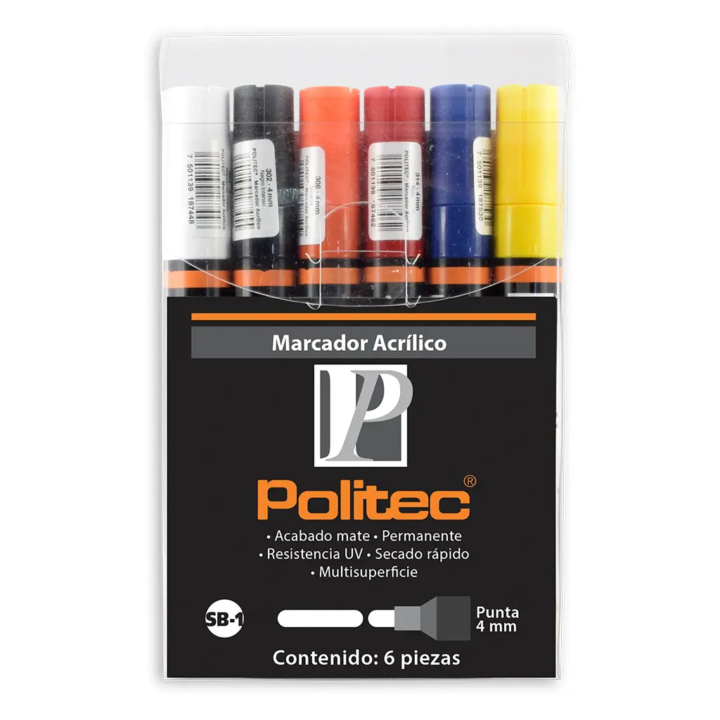POLITEC -  Set con 6 marcadores acrílicos punta 4mm Set básico n¬∞1 - Politec - detalle