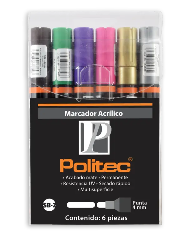 POLITEC -  Set con 6 marcadores acrílicos punta 4mm Set básico n¬∞1 - Politec - vista lateral