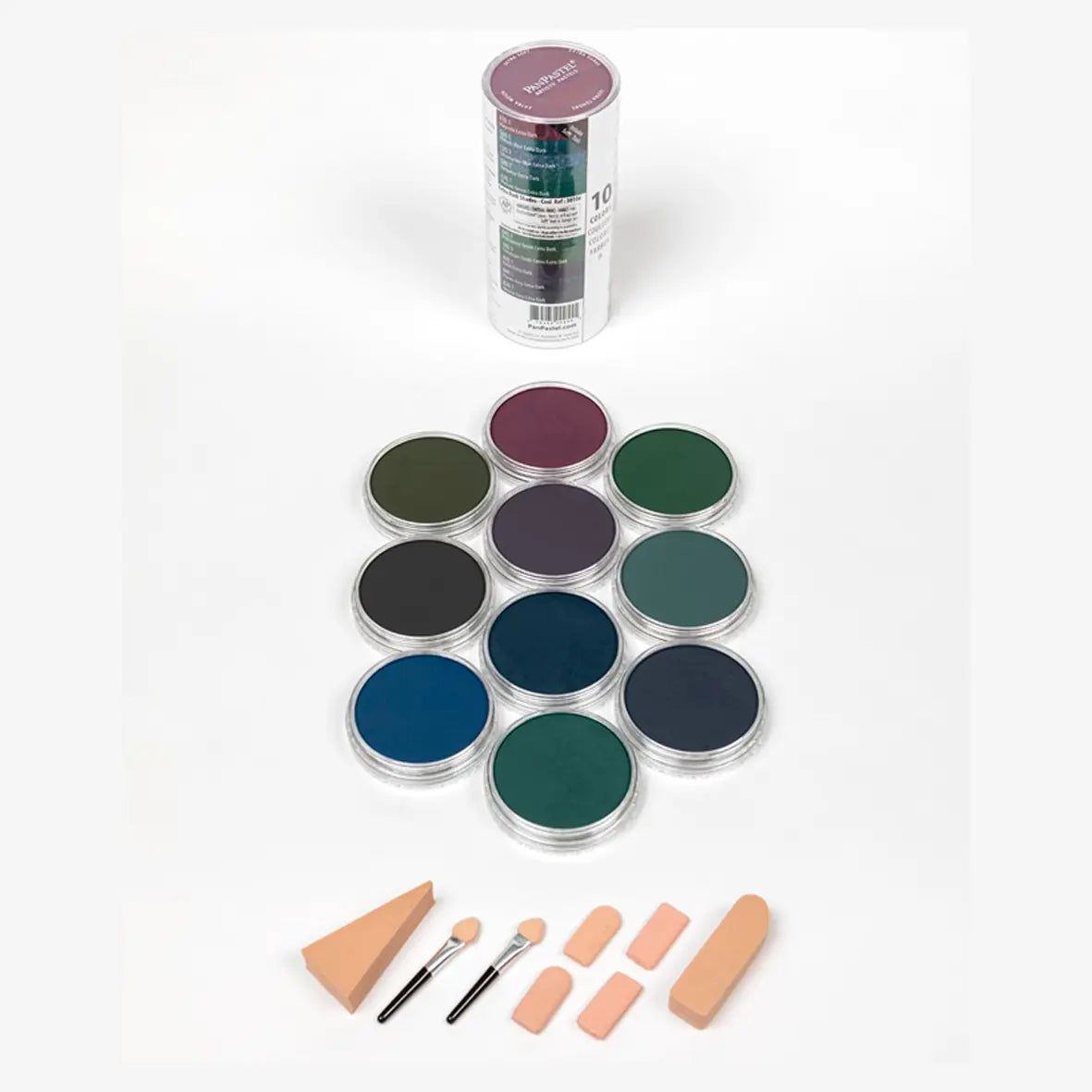 PANPASTEL - SET CON 10 PIEZAS DE PANPASTEL TONOS EXTRA OBSCUROS FRIOS+ACCESORIOS #30106 - Panpastel