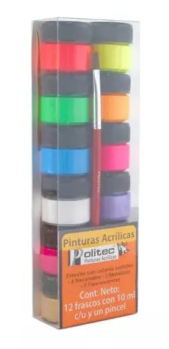Kit Pinturas Acrílicas Politec 12 Colores Neón Y Metálicos 10 Ml C/u y Pincel - Politec - empaque