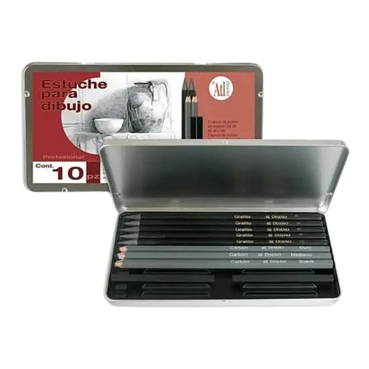 Estuche P/Dibujo Atl 10Pz.Surt;5 Lap.Graf. 3 Lap.Carb.2Barr.Carb. Estuche - Atl - vista lateral