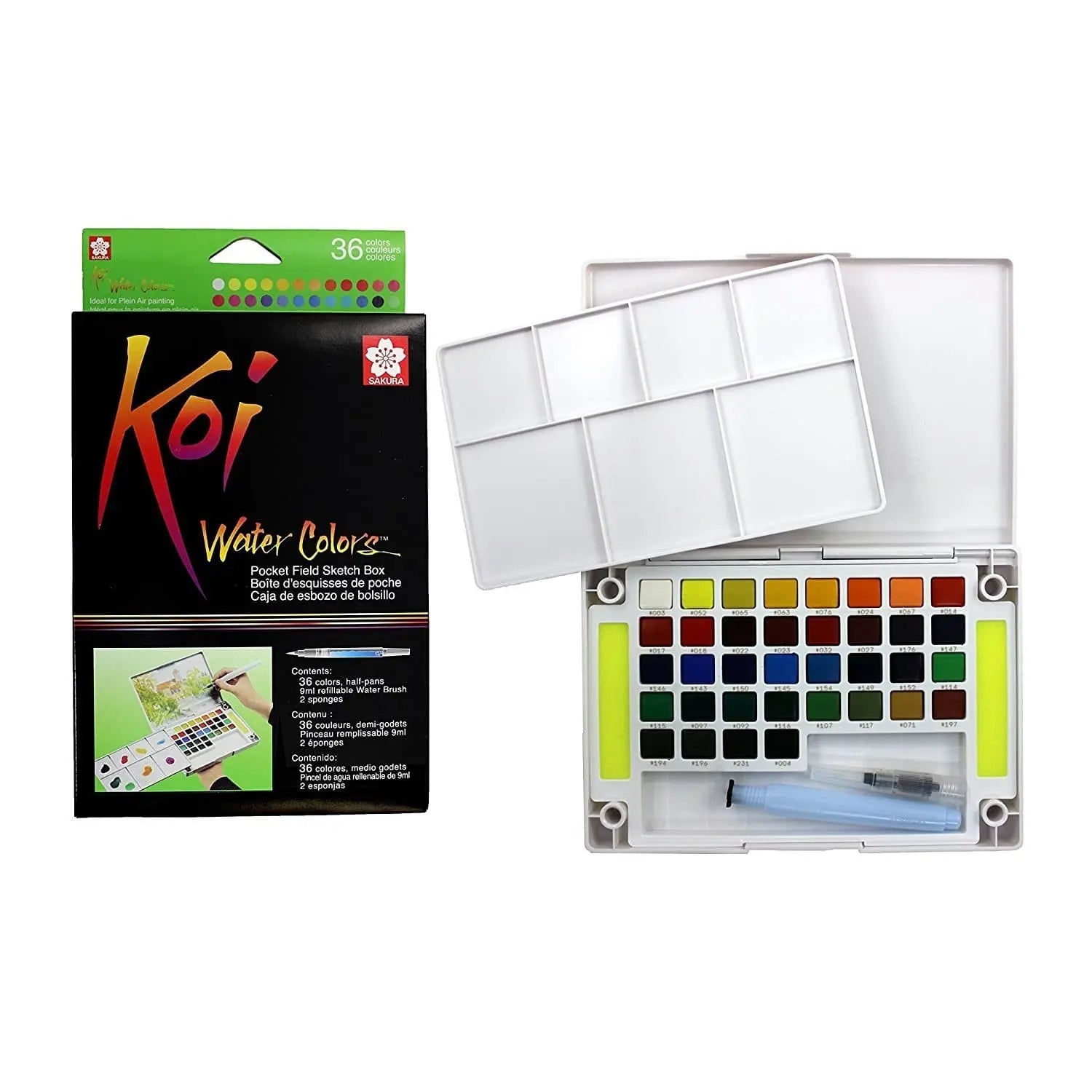 KOI - Set de acuarela portátil con 36 colores + pincel largo - Sakura