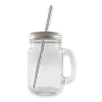 Frasco Mason Jar Ice Cold 16oz Con Asa Liso Transparente TAPA PLATA - Drink Lab - vista lateral