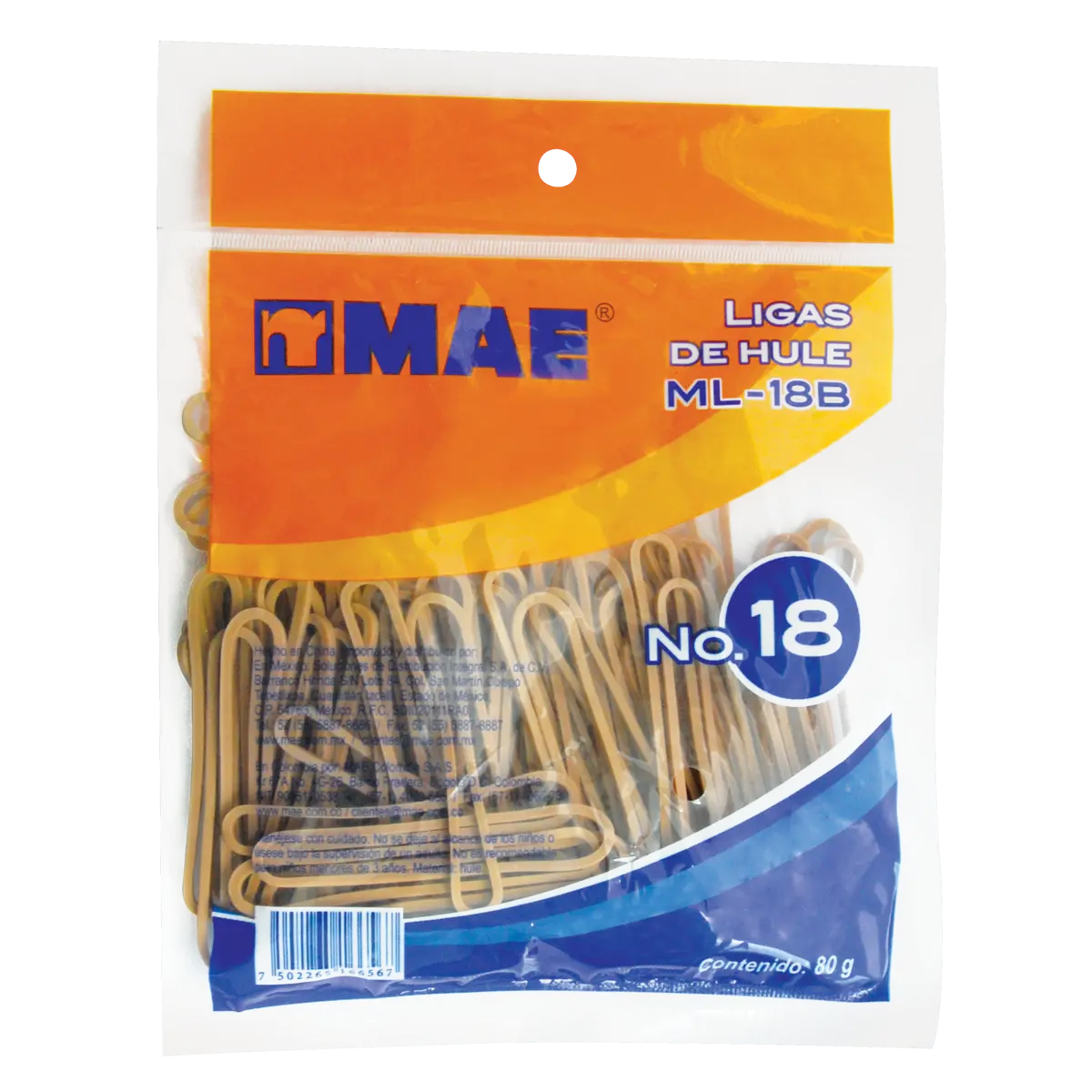 Liga de hule #18 natural Mae bolsa con 80 gramos - Mae