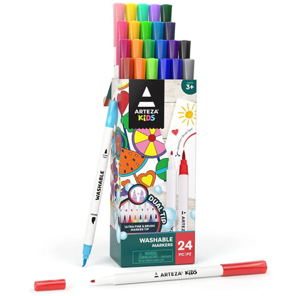 ARTEZA Kids Dual Tip Washable Markers, 24 Bright Colors, Marker Pens with Ultra Fine and Brush Tip, School Supplies for Kids Ages 3 and Up - Arteza - contenido
