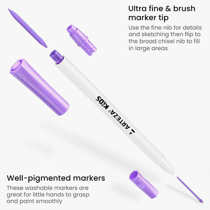 ARTEZA Kids Dual Tip Washable Markers, 24 Bright Colors, Marker Pens with Ultra Fine and Brush Tip, School Supplies for Kids Ages 3 and Up - Arteza